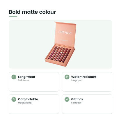 Matte liquid lipstick set key features: long-wear, water-resistant, comfortable, gift box