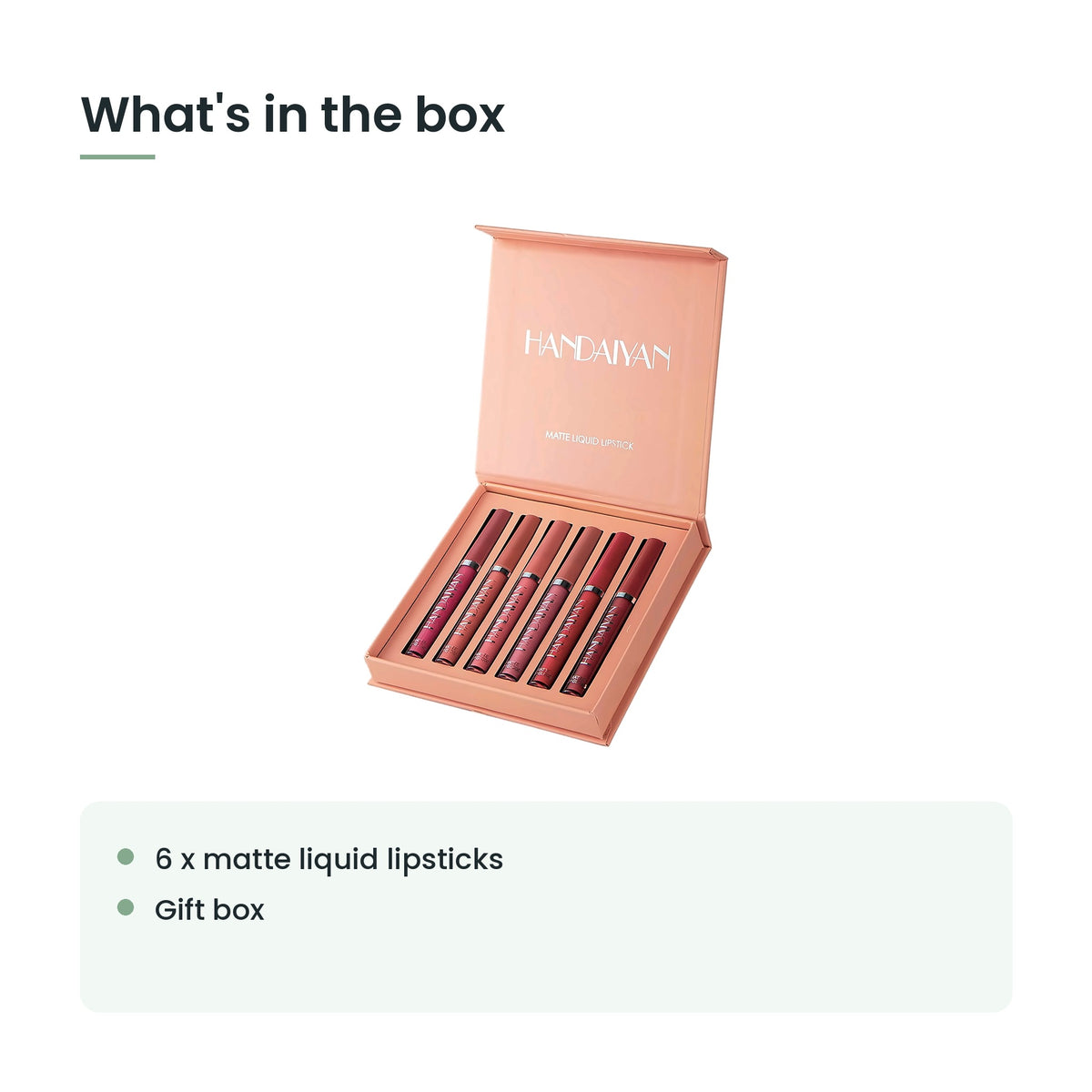 What's in the box: 6 x matte liquid lipsticks, gift box