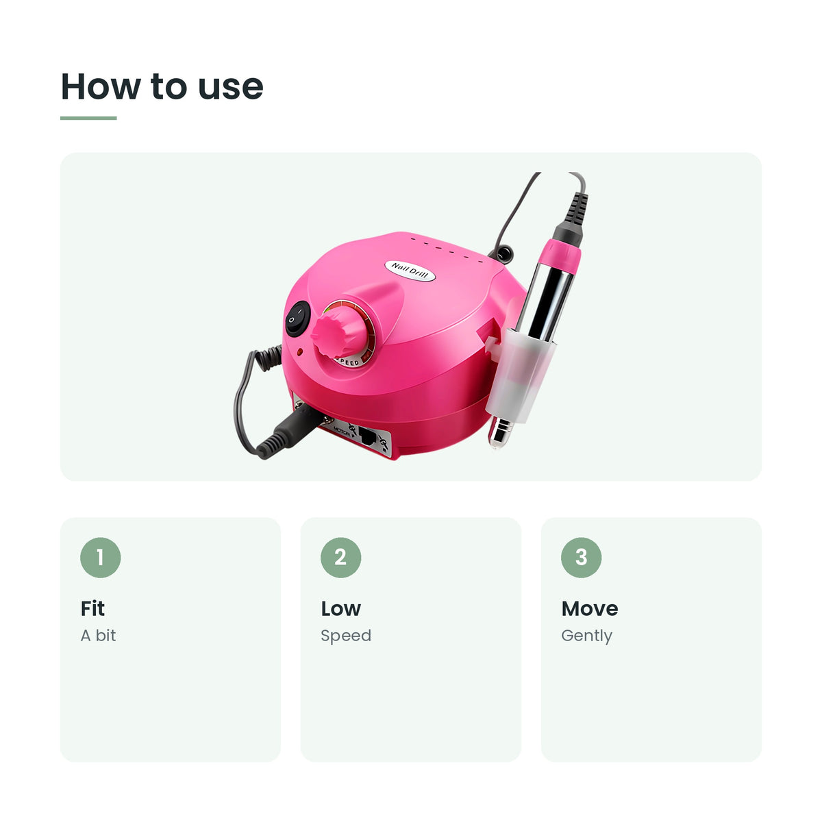 How to use the electric nail drill machine: fit, low, move