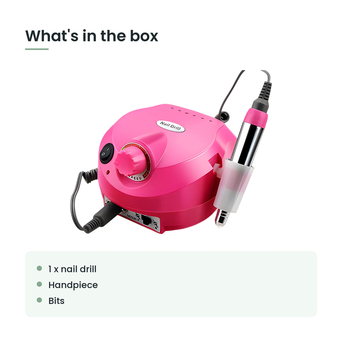 What's in the box: 1 x nail drill, handpiece, bits