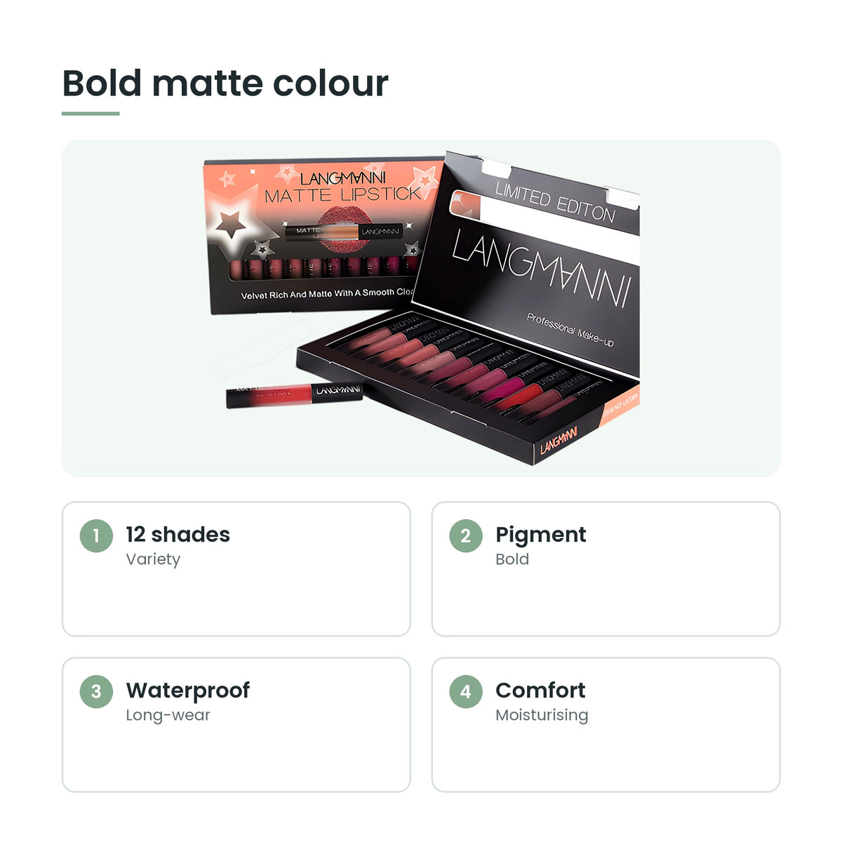 12-piece matte liquid lipstick set key features: 12 shades, pigment, waterproof, comfort