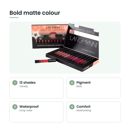 12-piece matte liquid lipstick set key features: 12 shades, pigment, waterproof, comfort