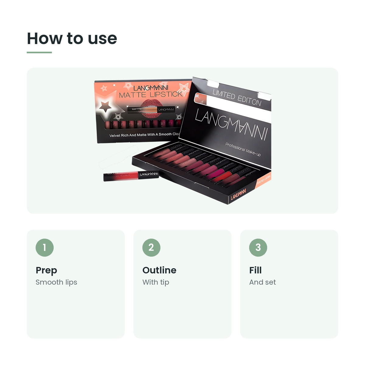 How to use the 12-piece matte liquid lipstick set: prep, outline, fill