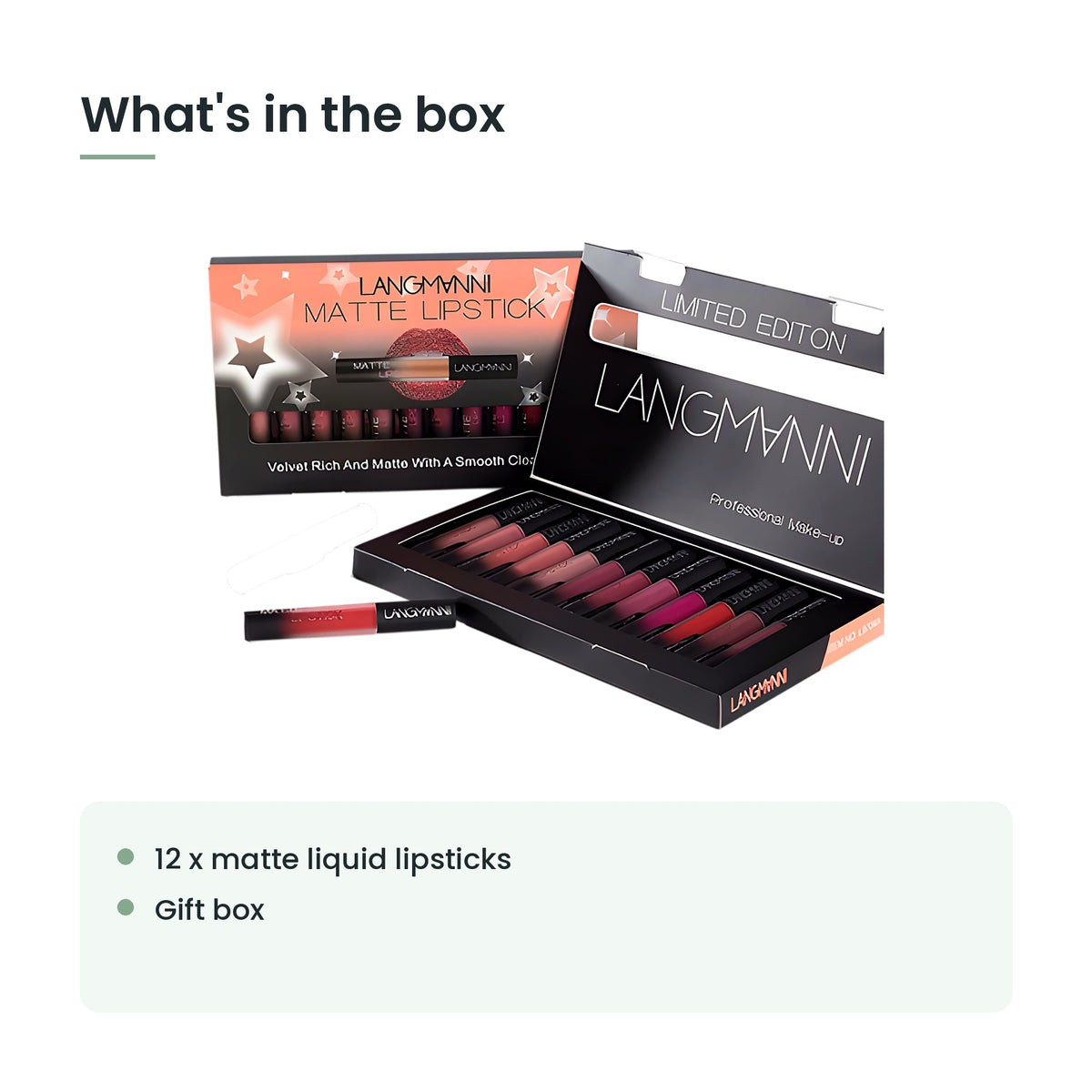 What's in the box: 12 x matte liquid lipsticks, gift box