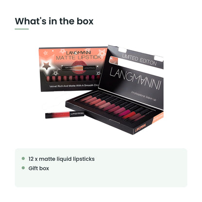 What's in the box: 12 x matte liquid lipsticks, gift box