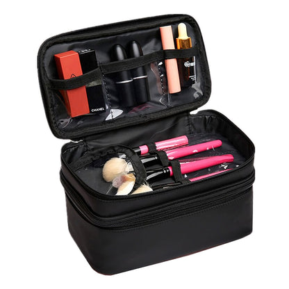 Open double-layer makeup bag with cosmetics