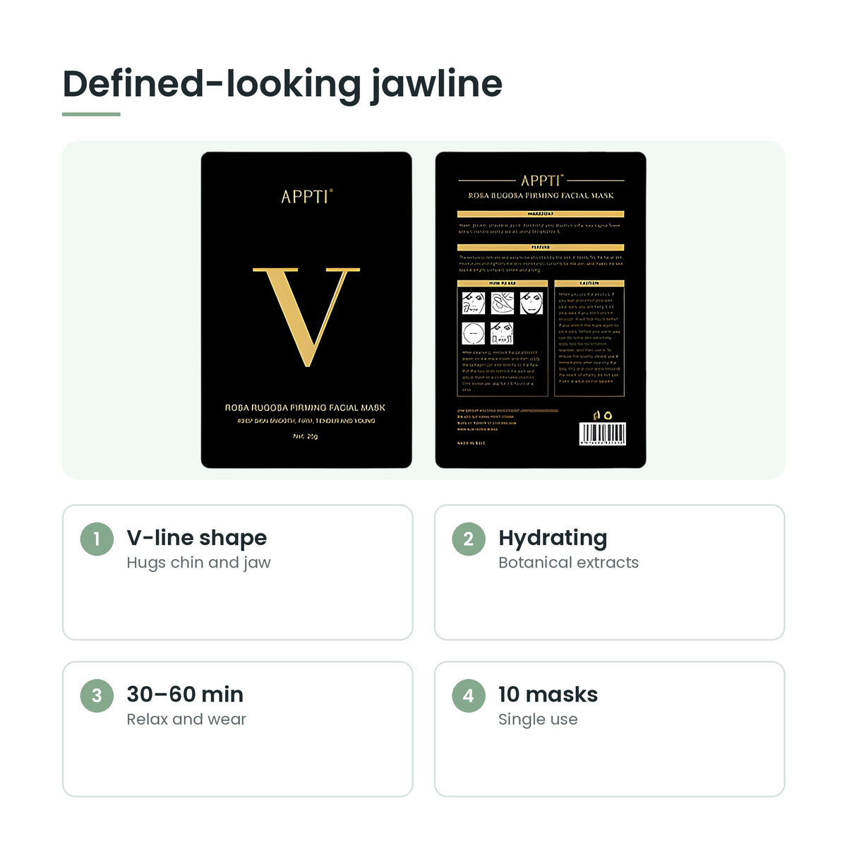 V-line chin lifting masks key features: v-line shape, hydrating, 30–60 min, 10 masks