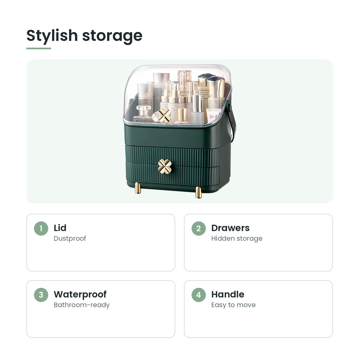 Waterproof makeup storage box key features: lid, drawers, waterproof, handle