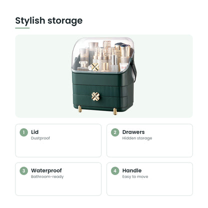 Waterproof makeup storage box key features: lid, drawers, waterproof, handle