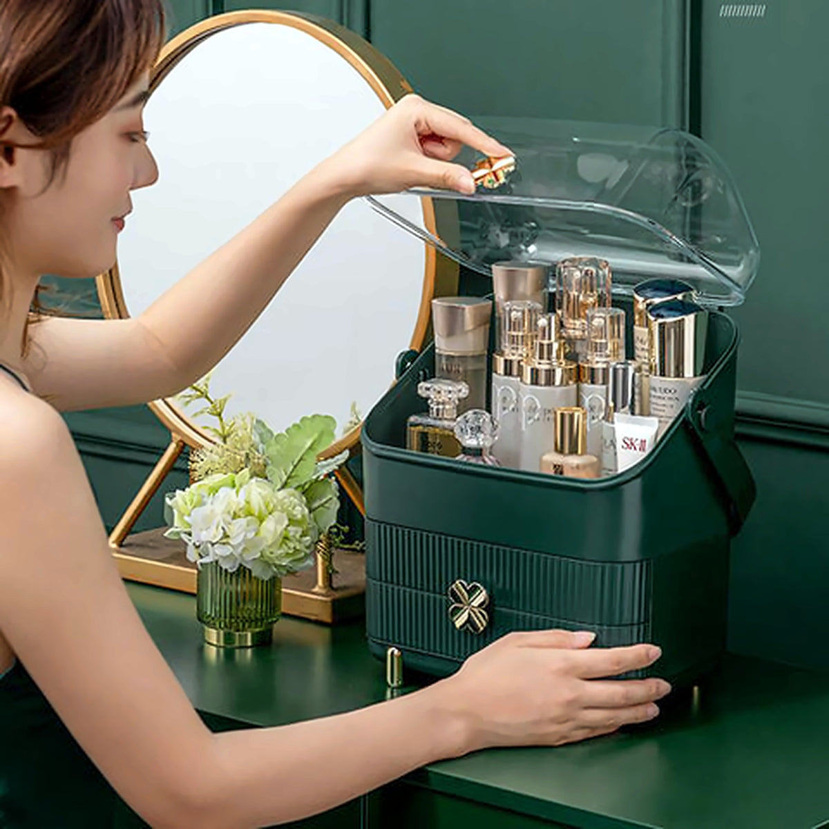 Makeup storage box in use