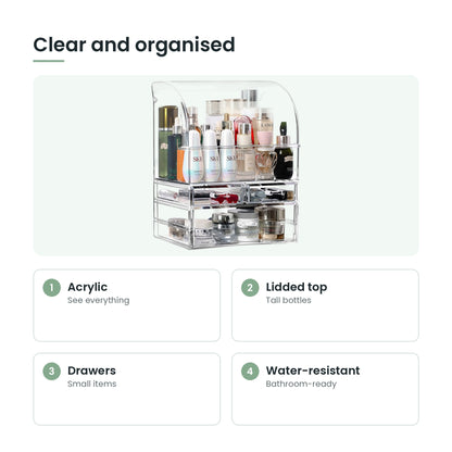 Acrylic makeup organiser key features: acrylic, lidded top, drawers, water-resistant