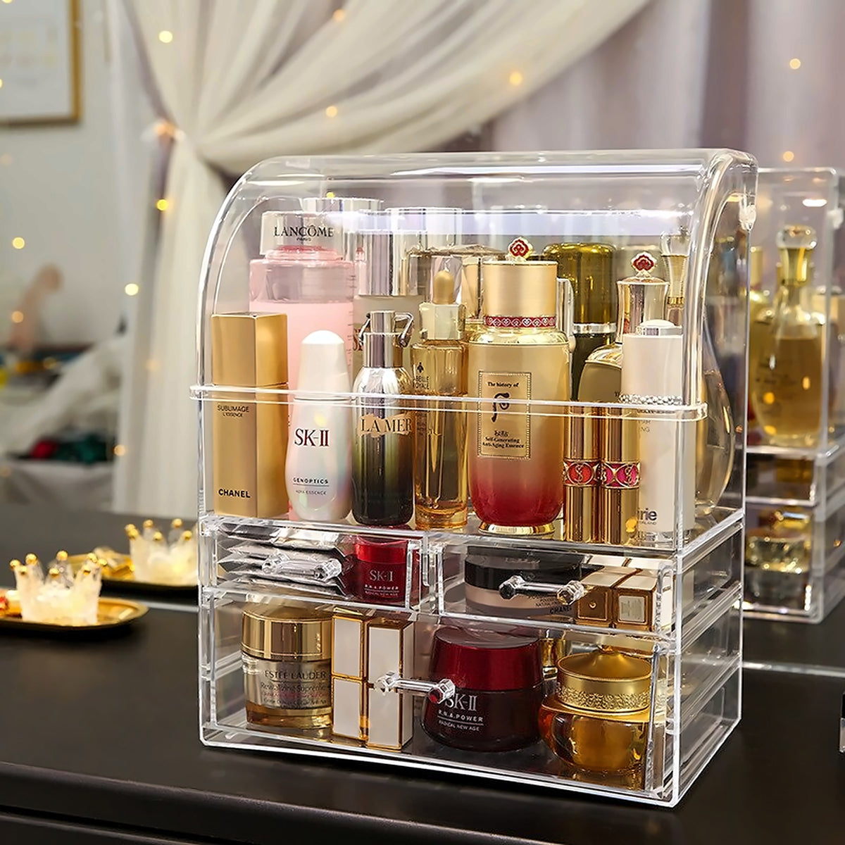Acrylic organiser filled with make-up