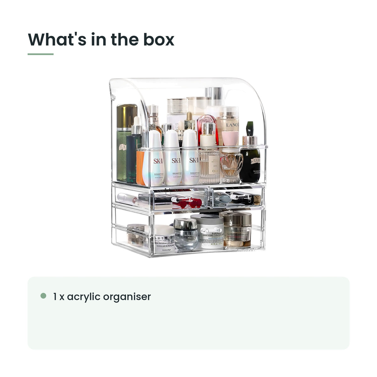 What's in the box: 1 x acrylic organiser