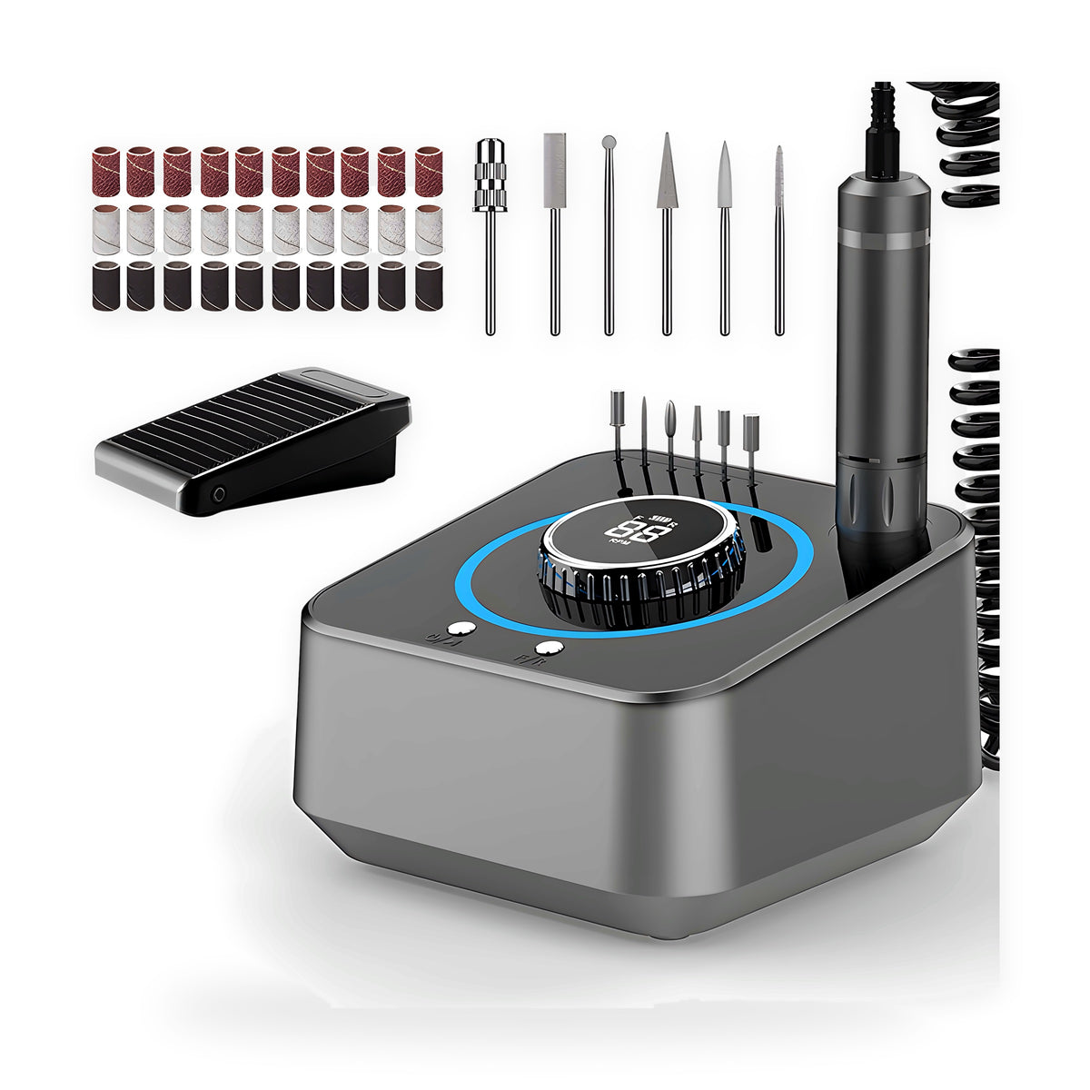 Grey electric nail drill machine with pedal, handpiece and bits