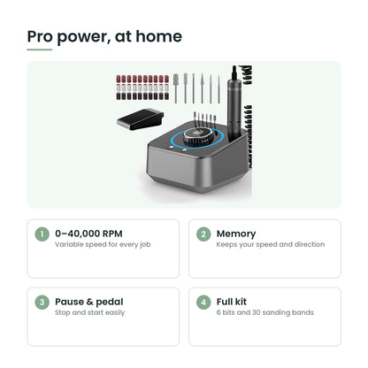 Nail drill key features: 40,000 RPM, memory, pause button, foot pedal