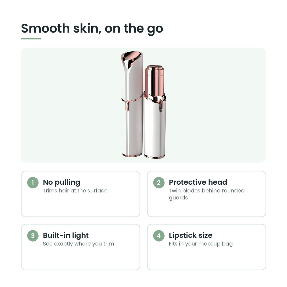 Facial hair remover key features: no pulling, twin blades, light, portable