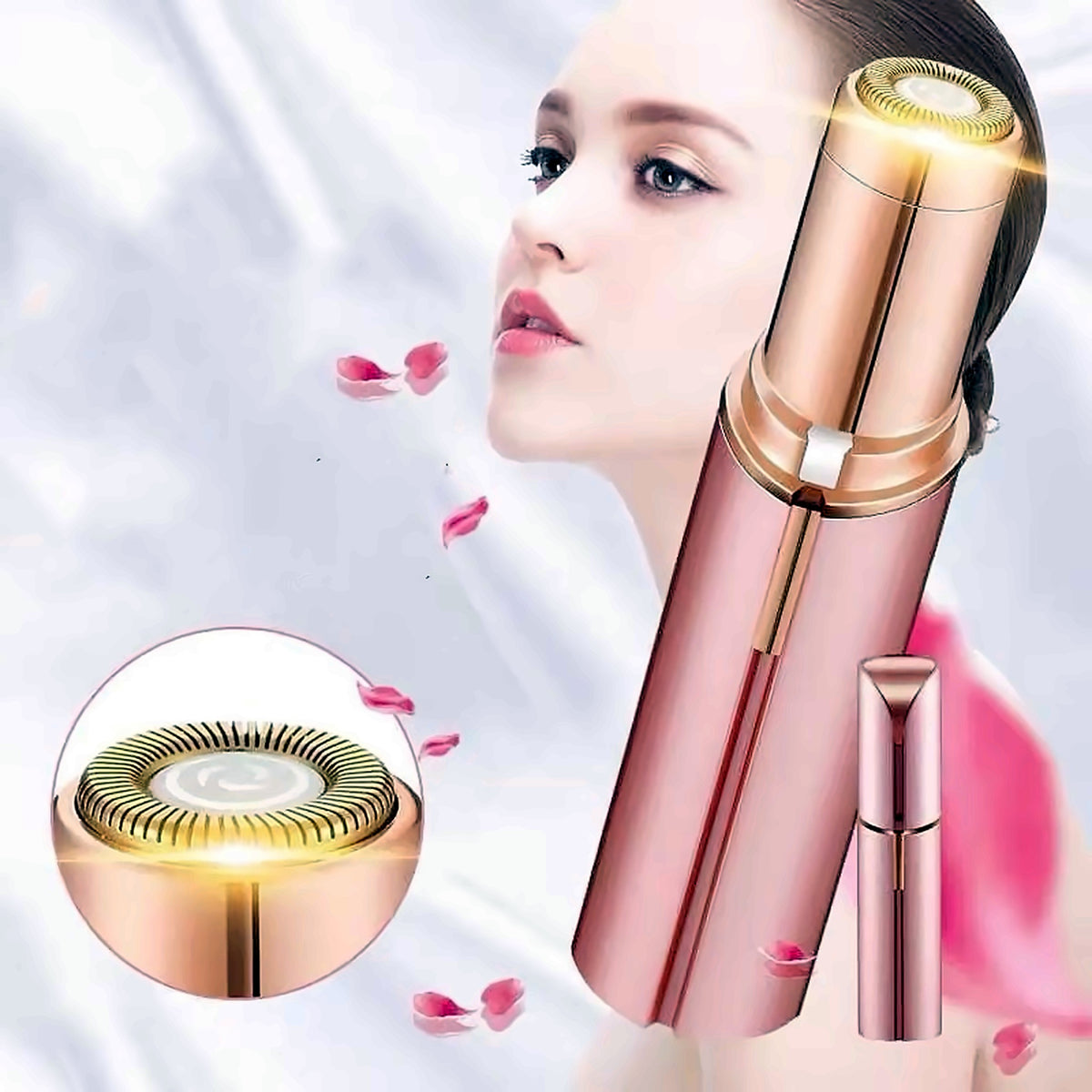 Woman holding the pink facial hair remover
