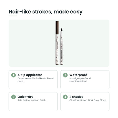 Brow pen key features: 4-tip, waterproof, quick-dry, four shades