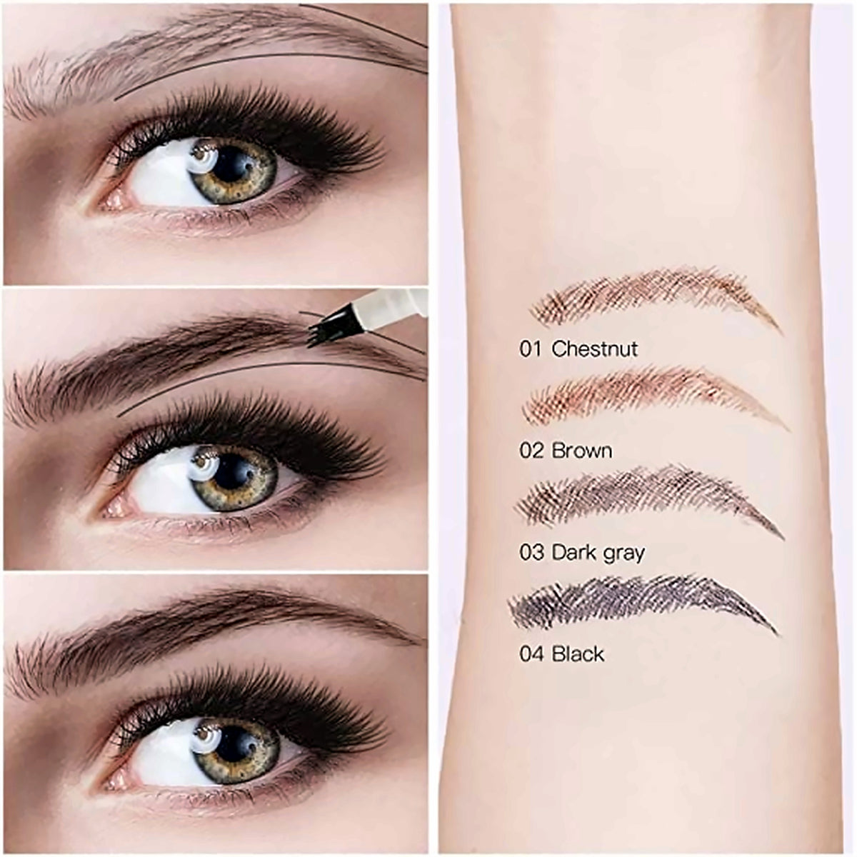 Brow pen shade guide: Chestnut, Brown, Dark Grey, Black