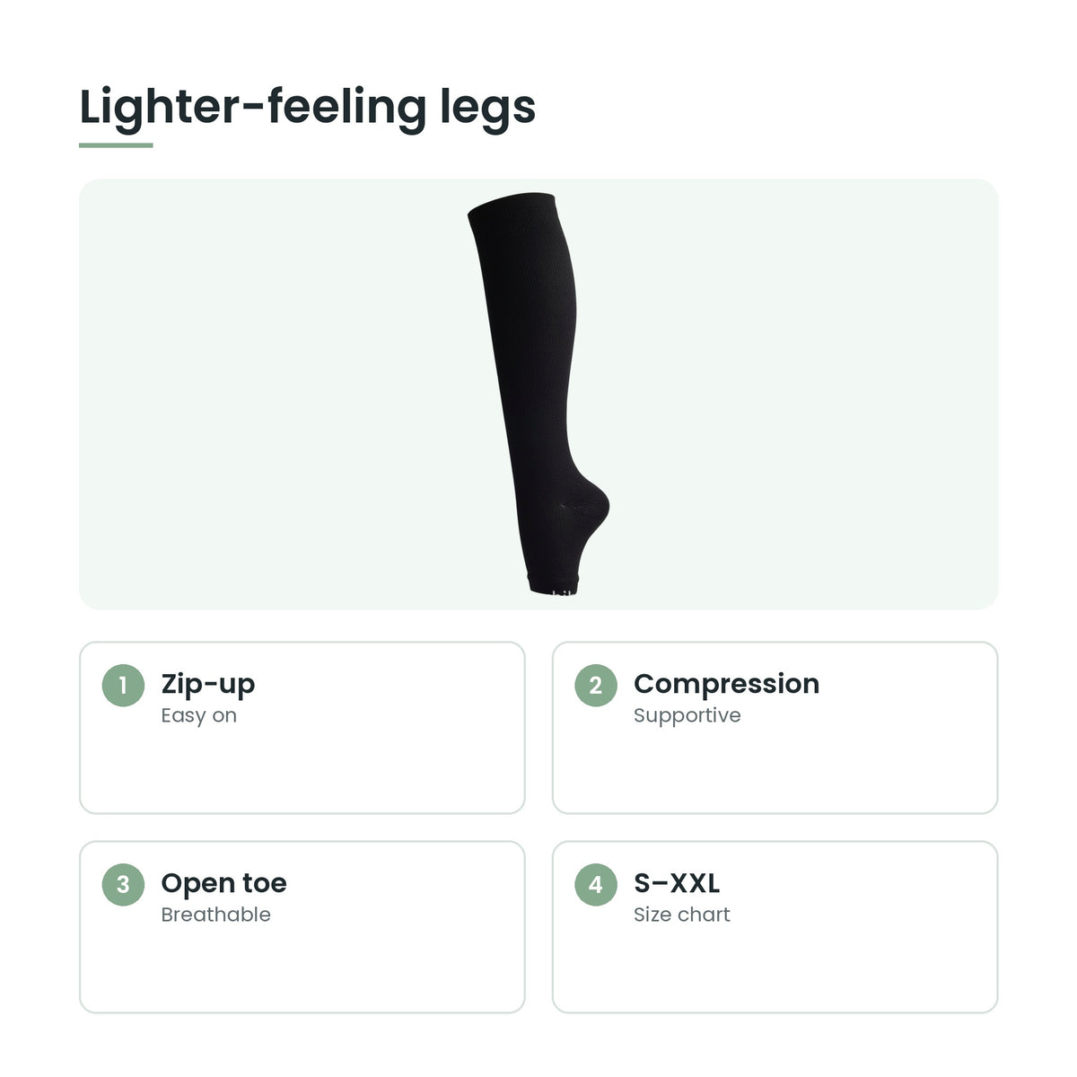 Zip-up compression socks key features: zip-up, compression, open toe, s–xxl