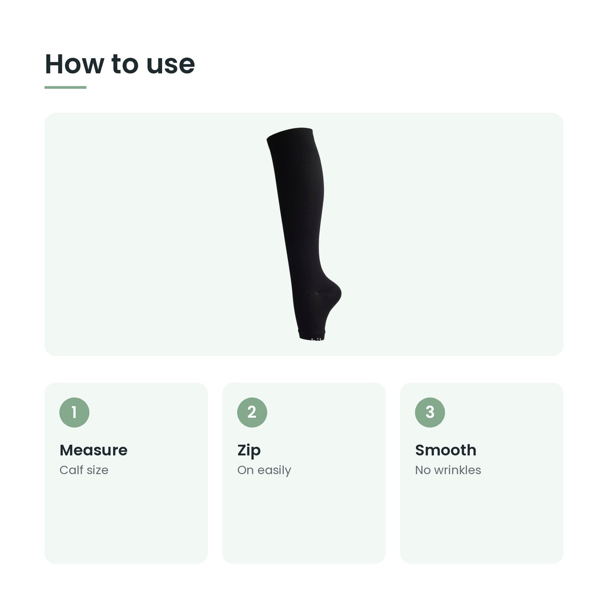 How to use the zip-up compression socks: measure, zip, smooth