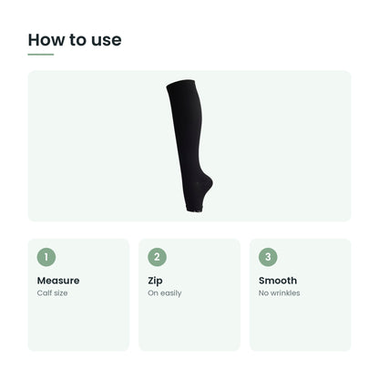 How to use the zip-up compression socks: measure, zip, smooth