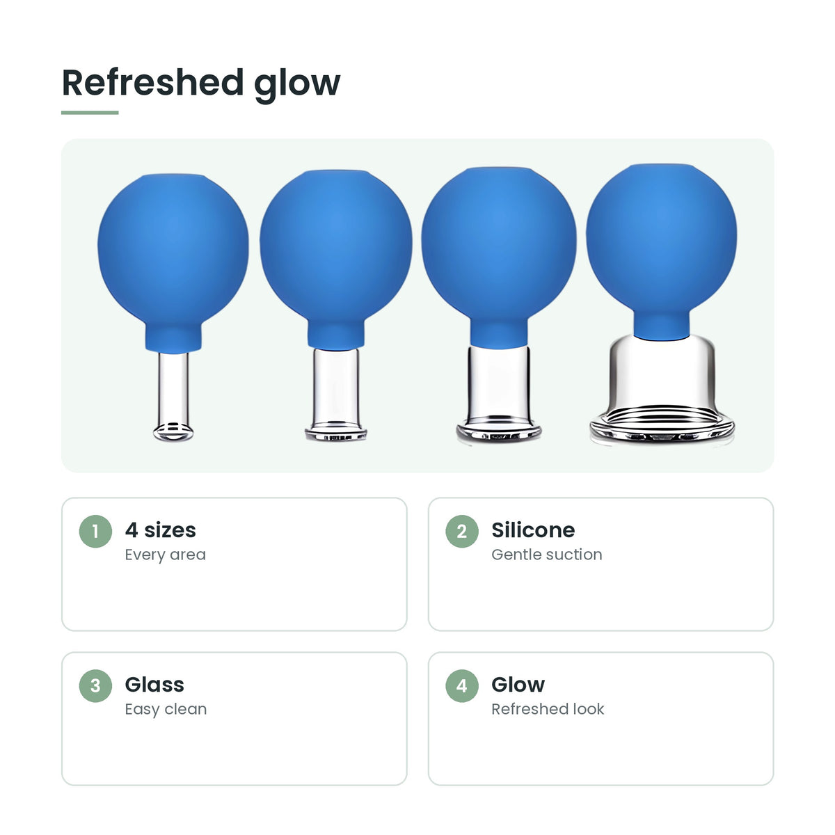 Glass face cupping set key features: 4 sizes, silicone, glass, glow