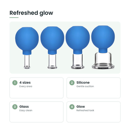 Glass face cupping set key features: 4 sizes, silicone, glass, glow