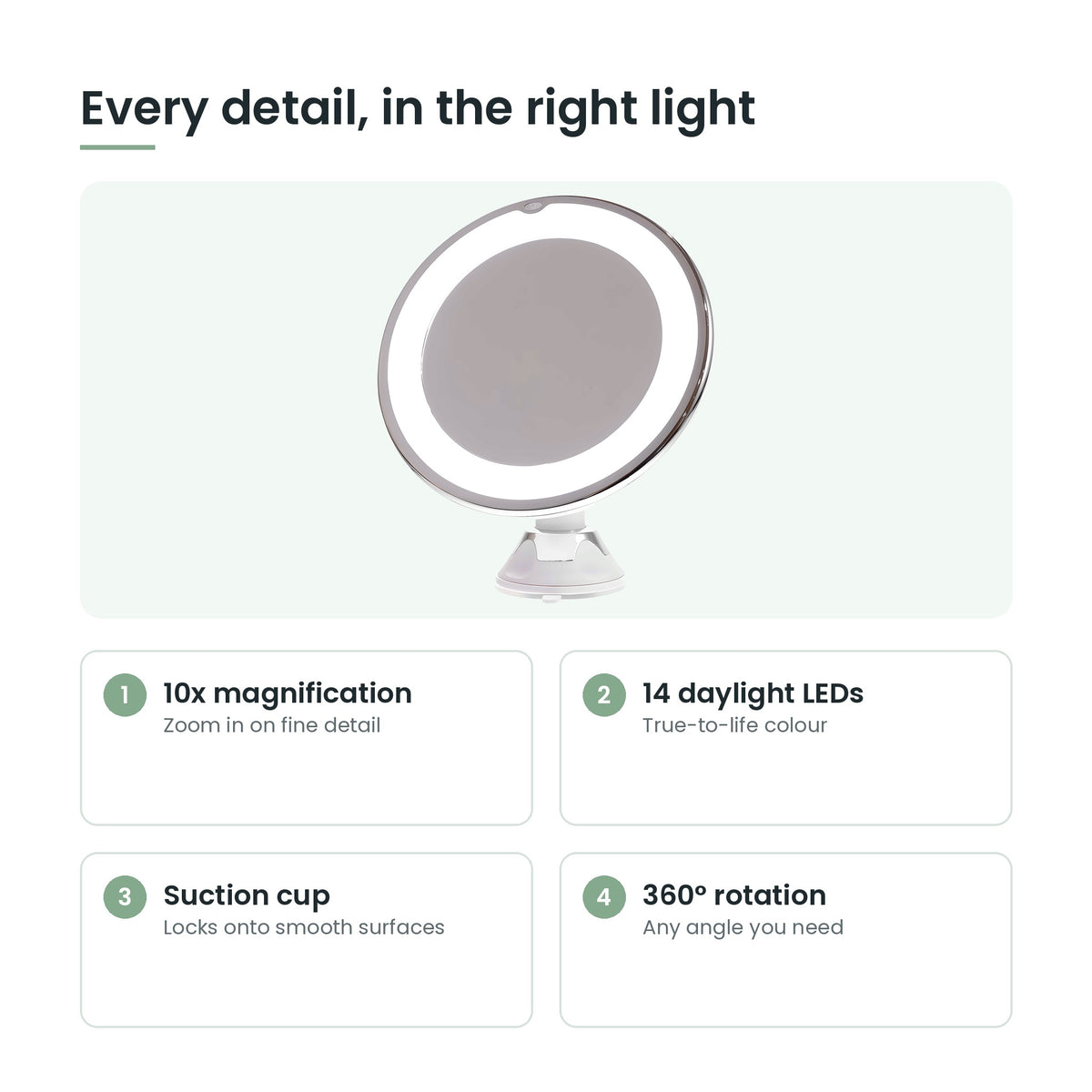 Makeup mirror key features: 10x, 14 LEDs, suction cup, 360° rotation