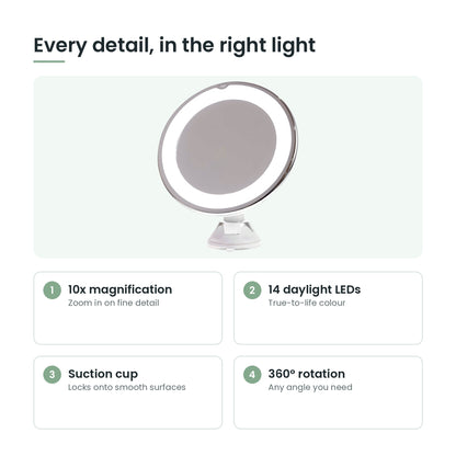 Makeup mirror key features: 10x, 14 LEDs, suction cup, 360° rotation