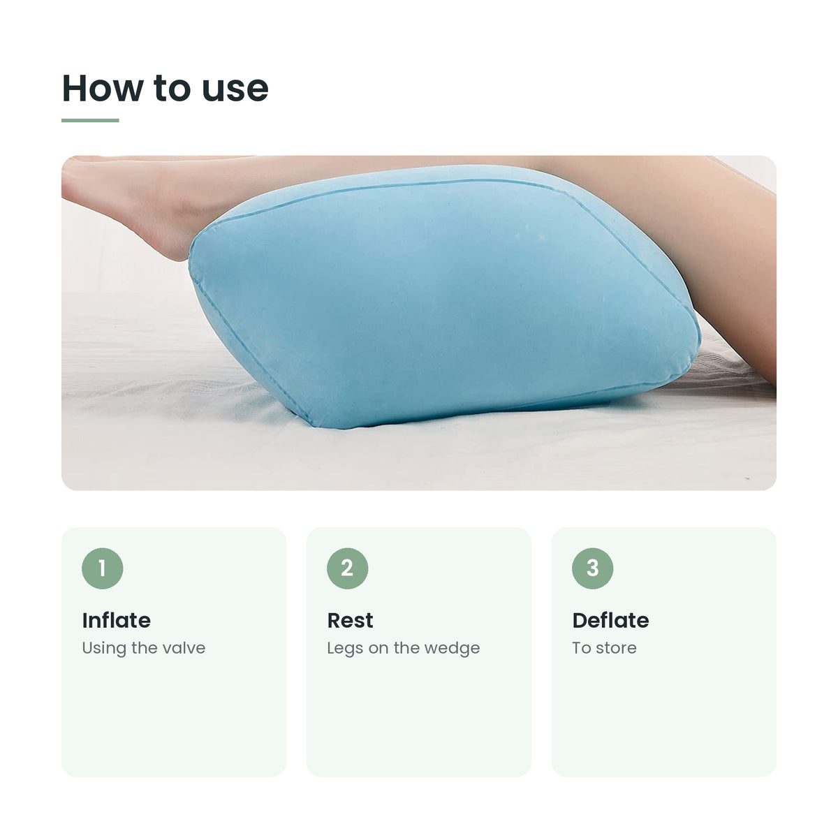 How to use the inflatable leg elevation pillow: inflate, rest, deflate