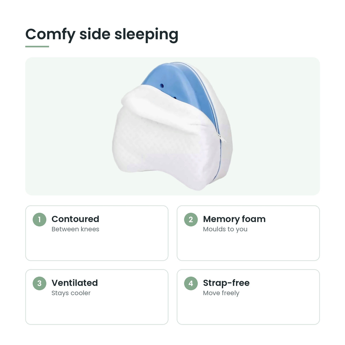 Memory foam knee pillow key features: contoured, memory foam, ventilated, strap-free