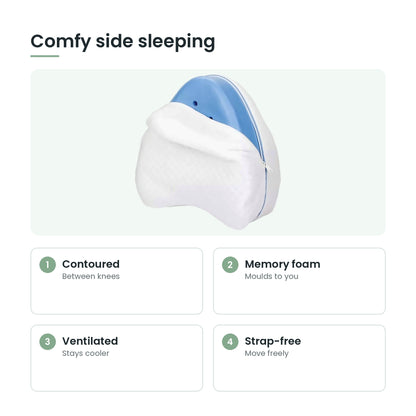 Memory foam knee pillow key features: contoured, memory foam, ventilated, strap-free