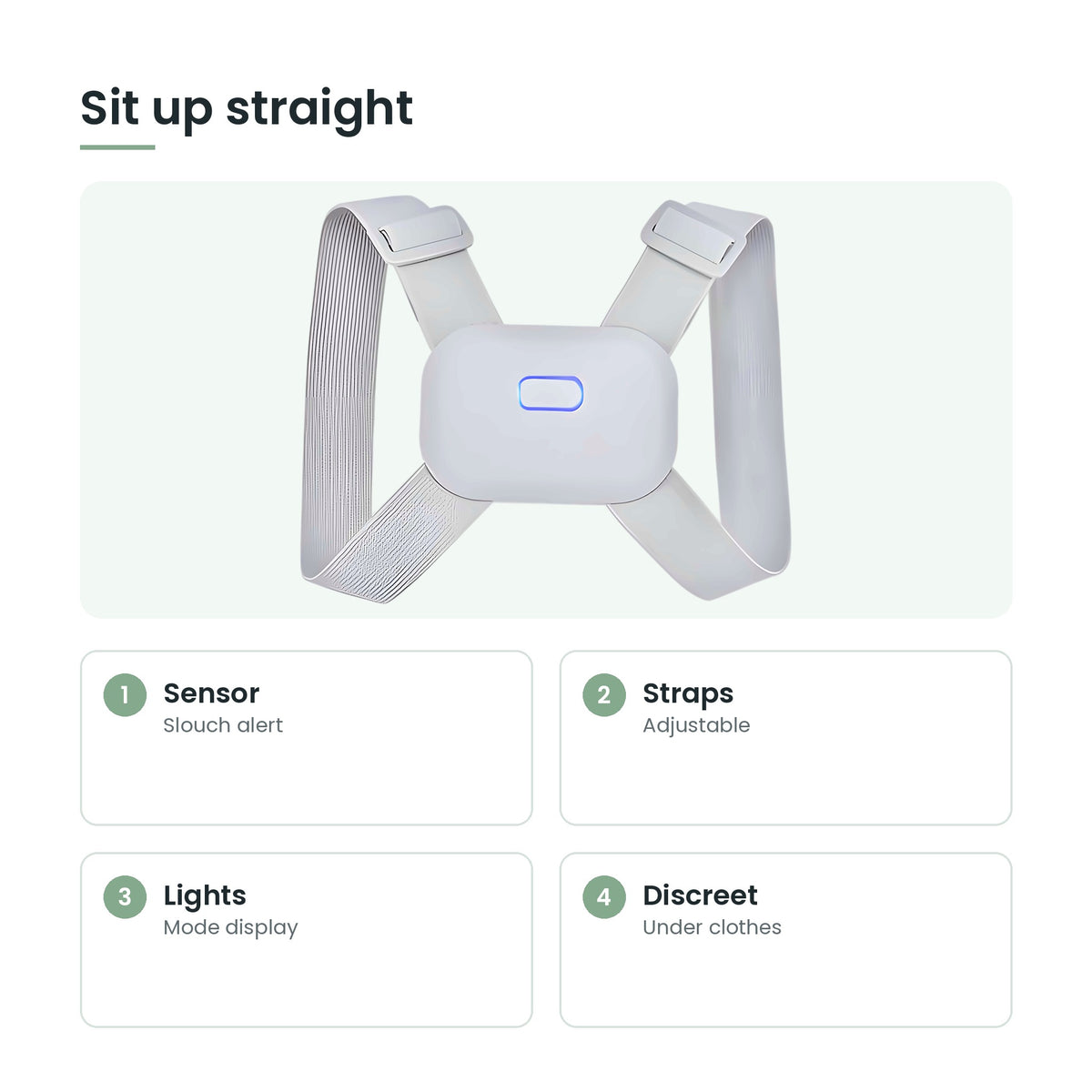 Smart posture trainer key features: sensor, straps, lights, discreet