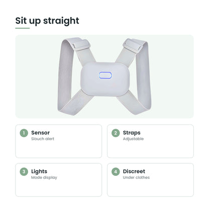 Smart posture trainer key features: sensor, straps, lights, discreet