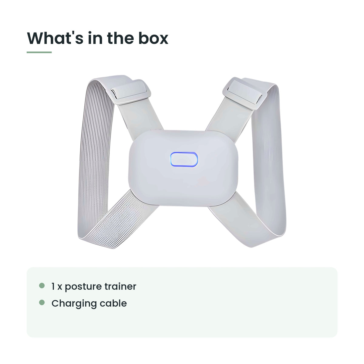 What's in the box: 1 x posture trainer, charging cable