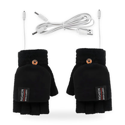 Black USB heated fingerless gloves with cable