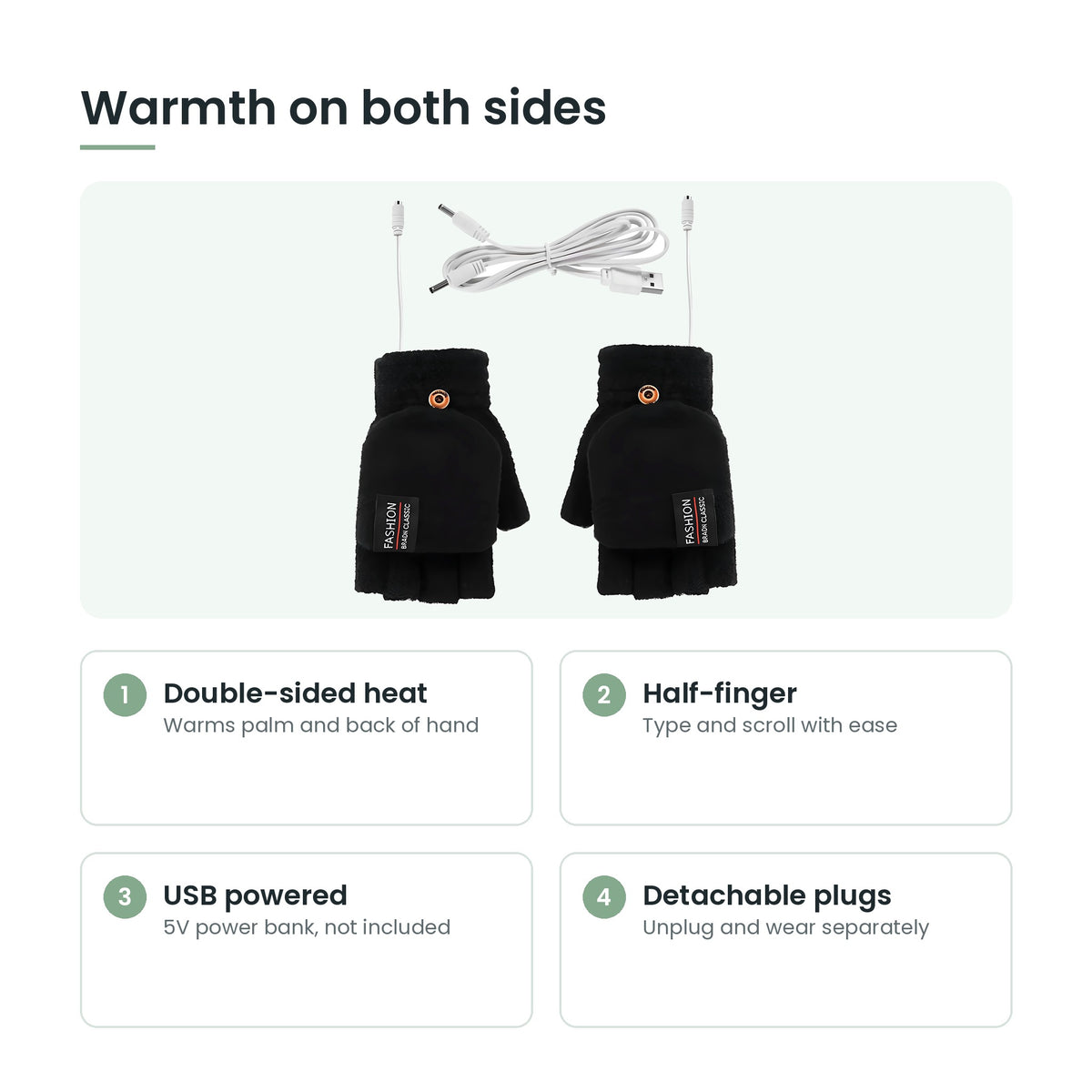 Heated gloves key features: double-sided heat, half-finger, USB powered, detachable