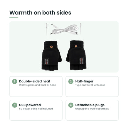 Heated gloves key features: double-sided heat, half-finger, USB powered, detachable