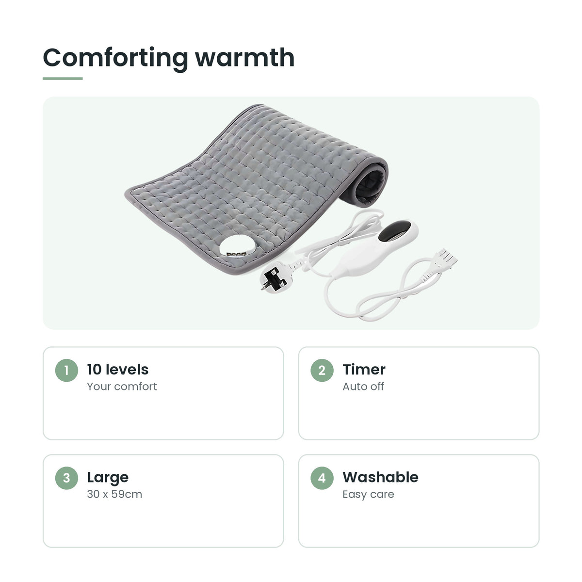 Electric heating pad key features: 10 levels, timer, large, washable