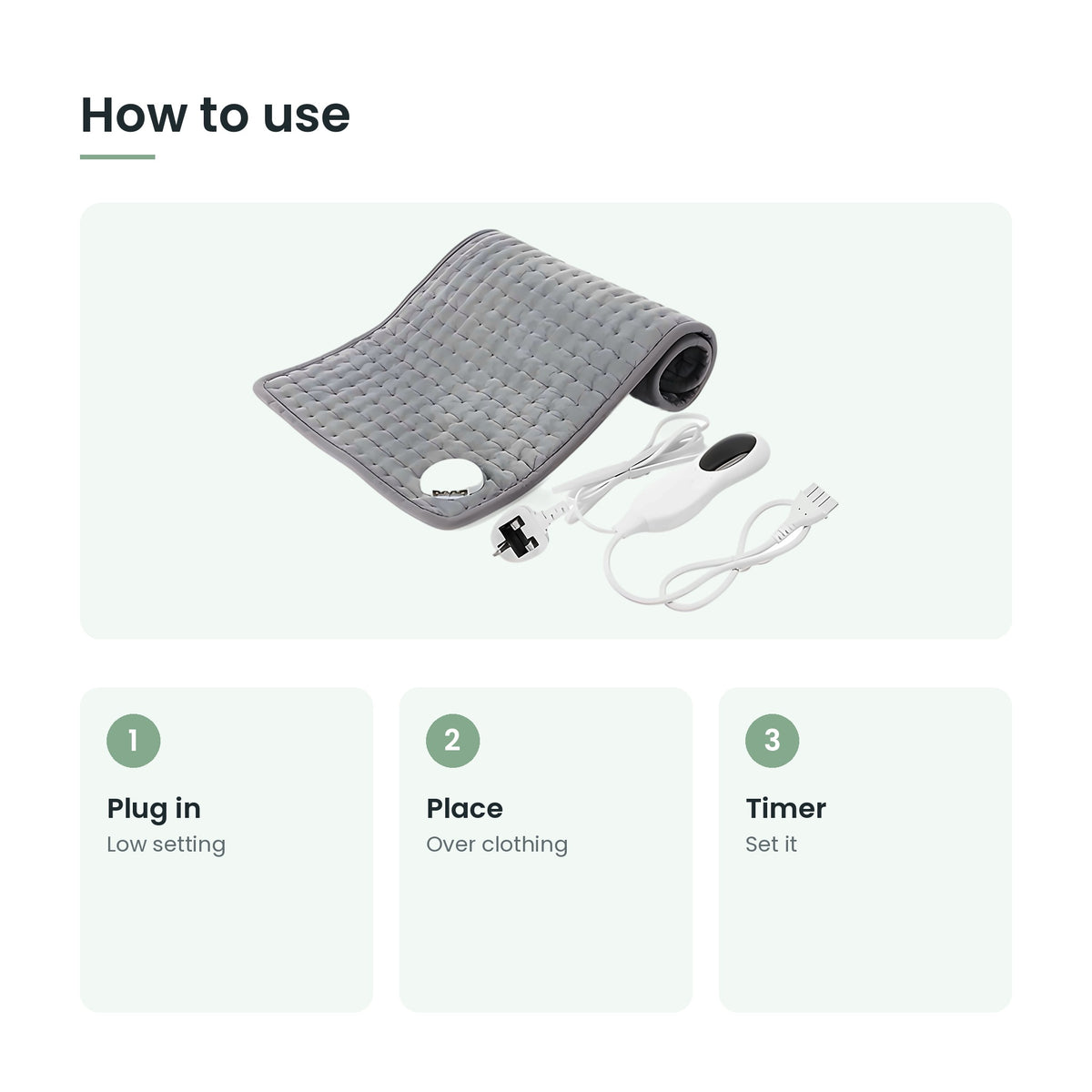 How to use the electric heating pad: plug in, place, timer