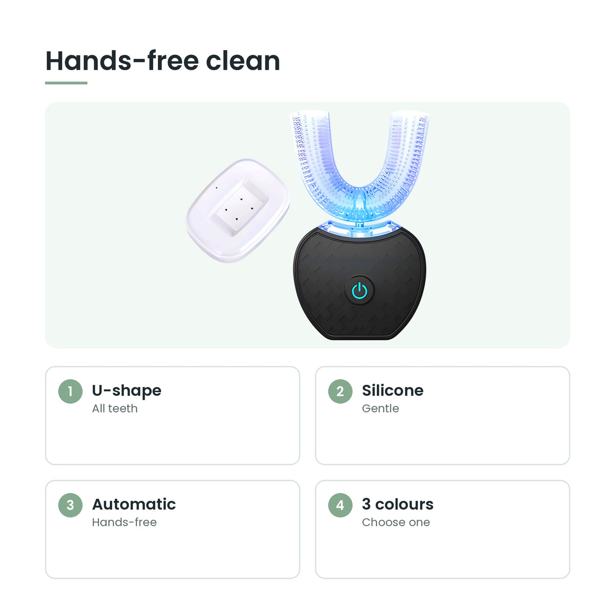 U-shaped electric toothbrush key features: u-shape, silicone, automatic, 3 colours