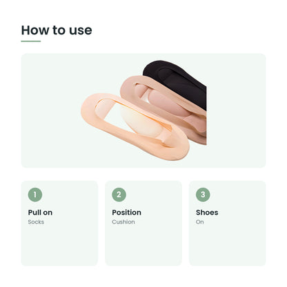 How to use the 3D cushion no-show socks: pull on, position, shoes