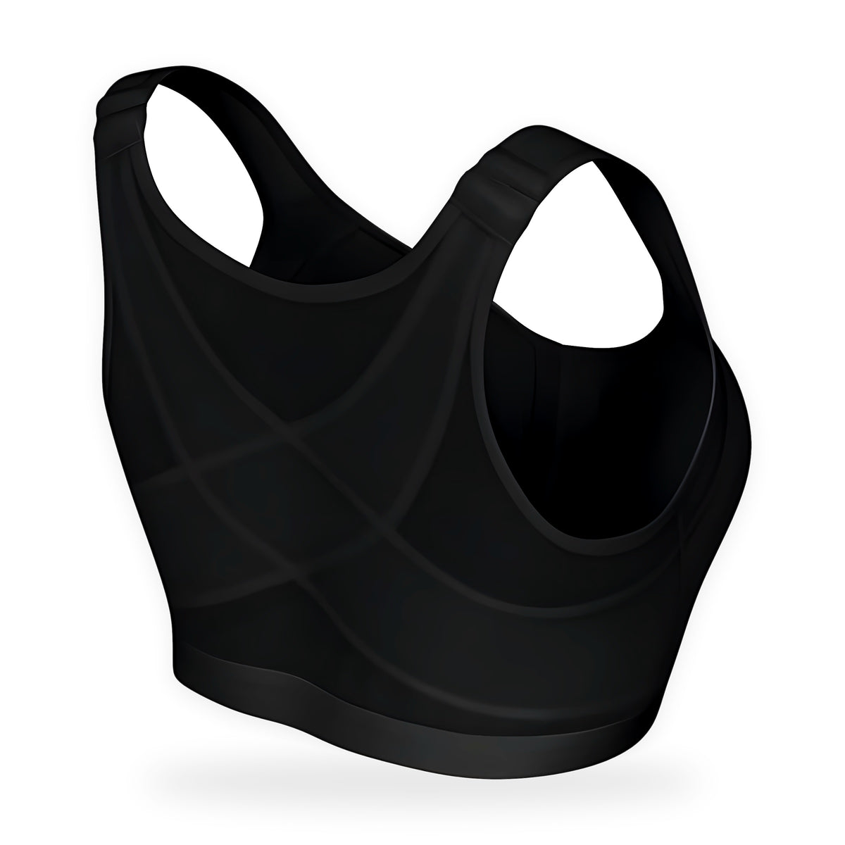 Black front-close cross-back support bra