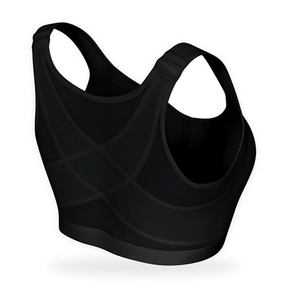 Black front-close cross-back support bra