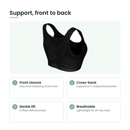 Support bra key features: front closure, cross-back, gentle lift, wide straps