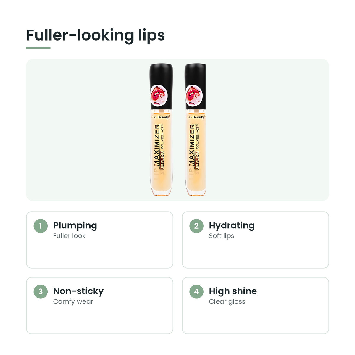 Volumising lip gloss key features: plumping, hydrating, non-sticky, high shine