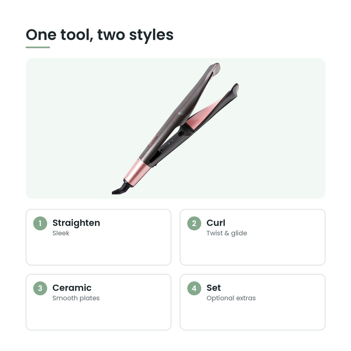 2-in-1 twist straightener and curler key features: straighten, curl, ceramic, set