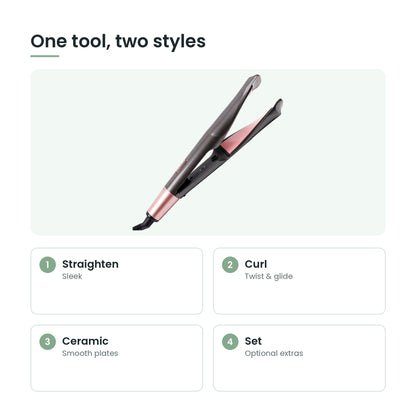2-in-1 twist straightener and curler key features: straighten, curl, ceramic, set