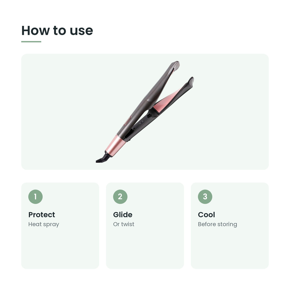How to use the 2-in-1 twist straightener and curler: protect, glide, cool